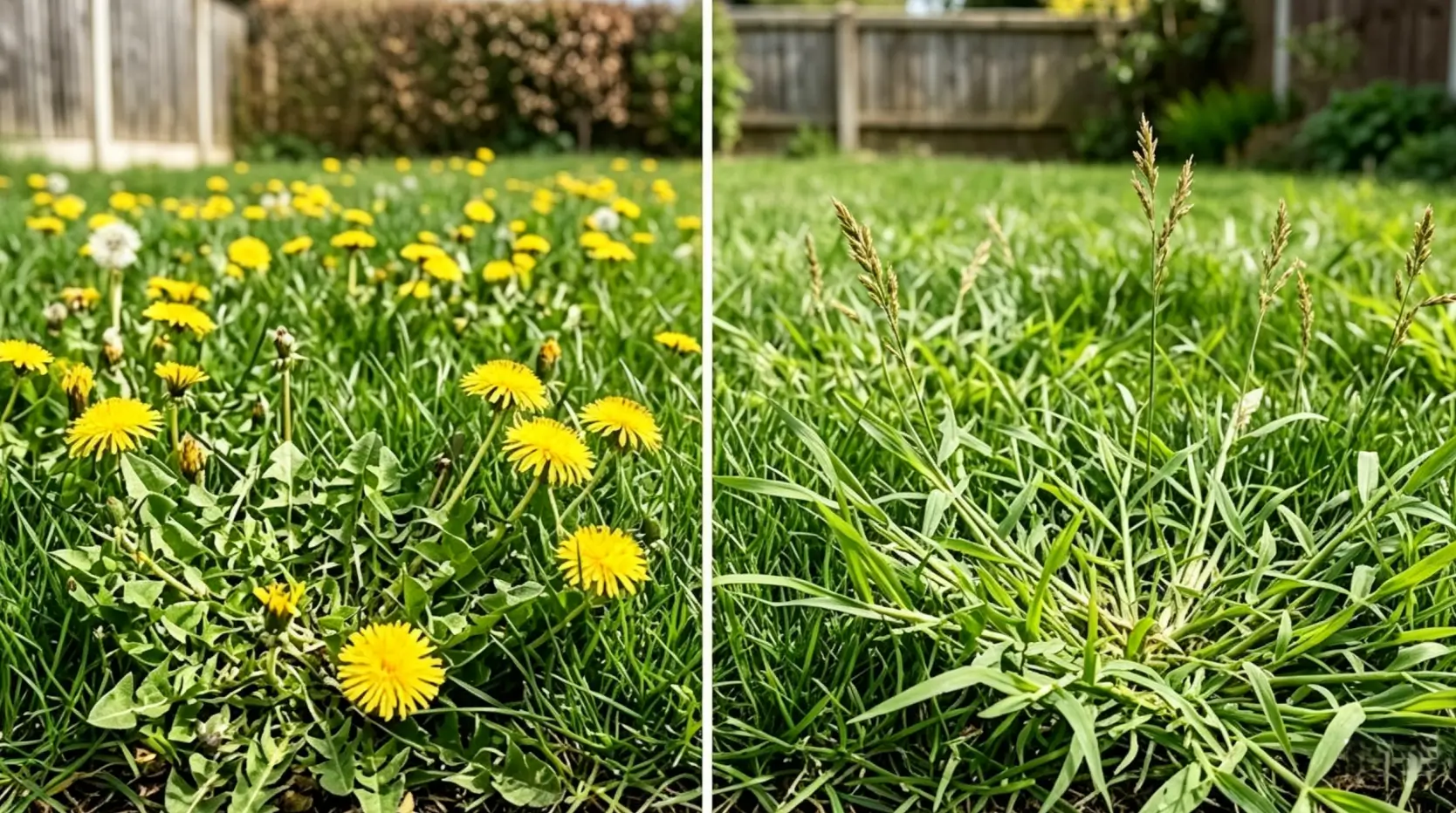 Side-by-side comparison of dandelions (broadleaf weed) and crabgrass (grassy weed) in a lawn.