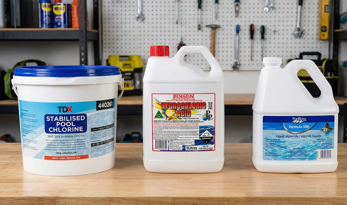 Different types of pool chemicals stored separately for safe Australian disposal.