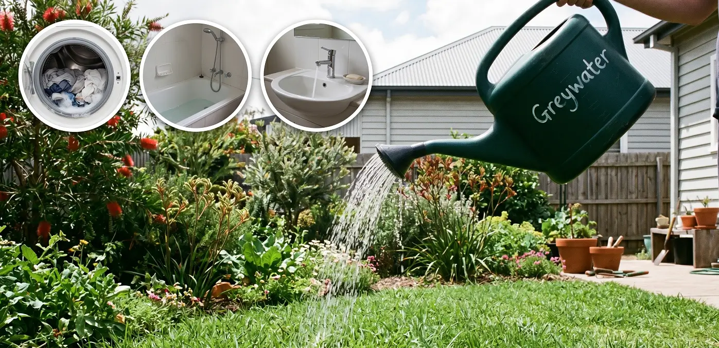 A person is watering a garden with a watering can labeled "Greywater", and the insets in the top left corner show the sources of greywater: a washing machine, a bathtub, and a sink.