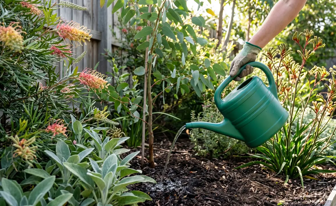 Person watering garden plants with a watering can filled with greywater.