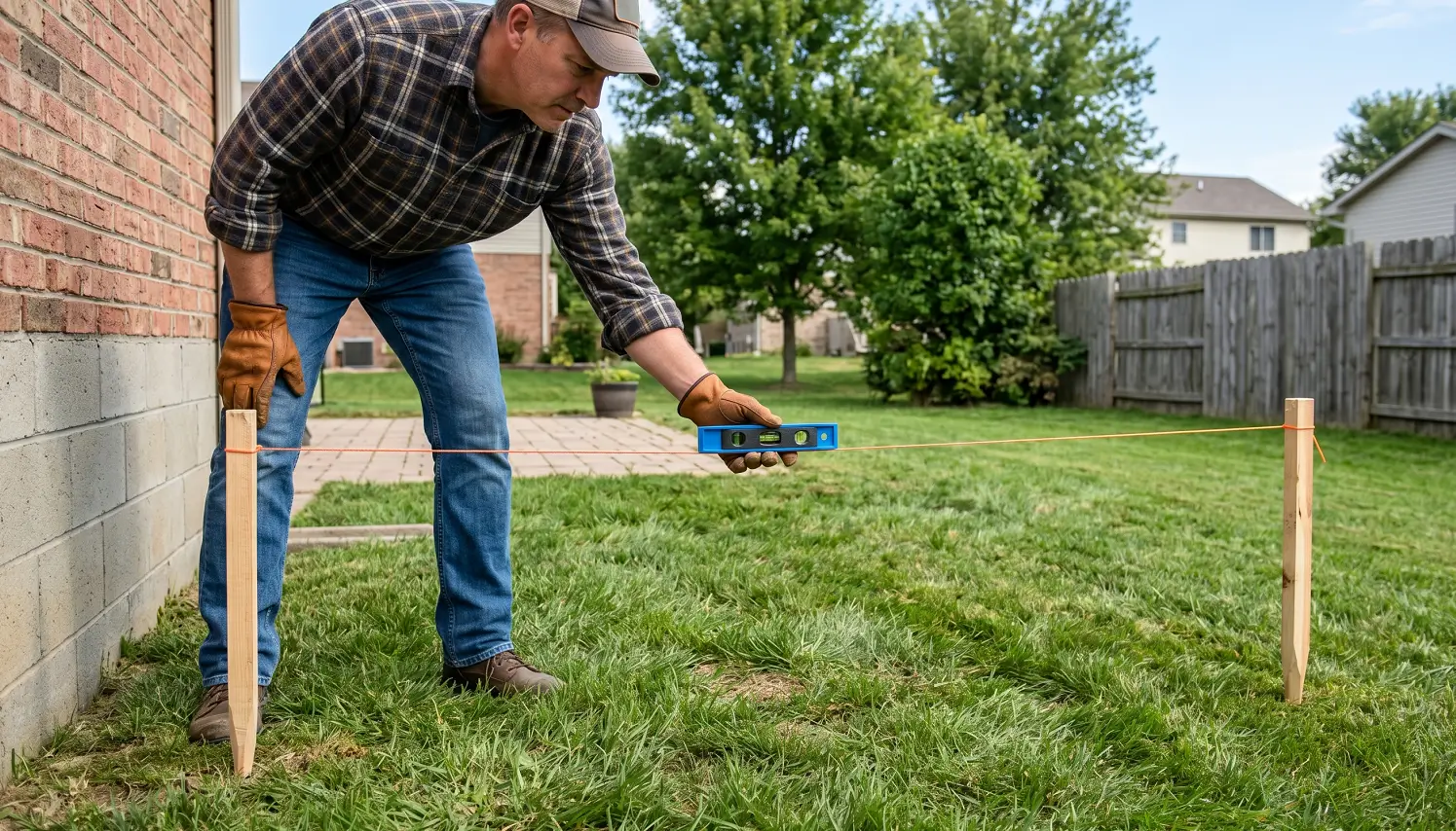 Homeowner using stakes, string, and a level to check the lawn drainage slope away from the house foundation before leveling.