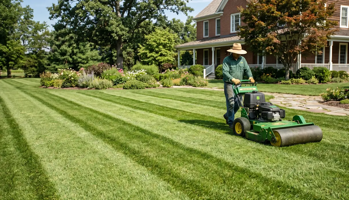 A person mowing a lawn with a striped roller attachment, creating crisp, professional green and light-green stripe patterns on the turf.
