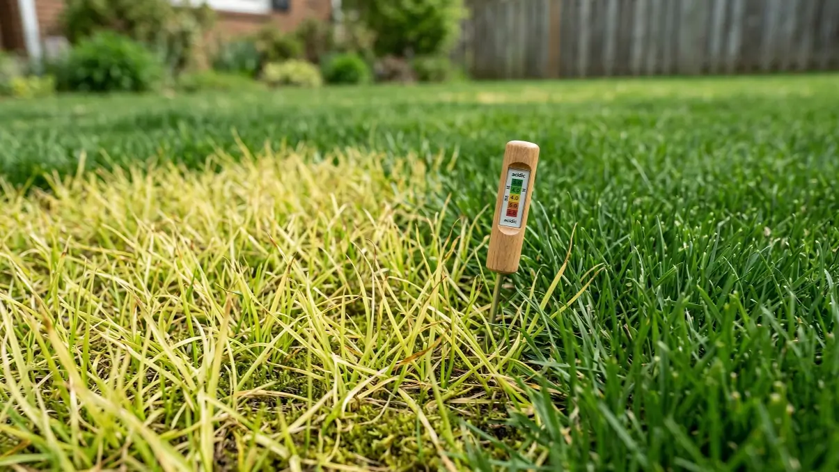 Soil pH tester in yellowing grass patch showing acid stress from low pH levels in lawn.