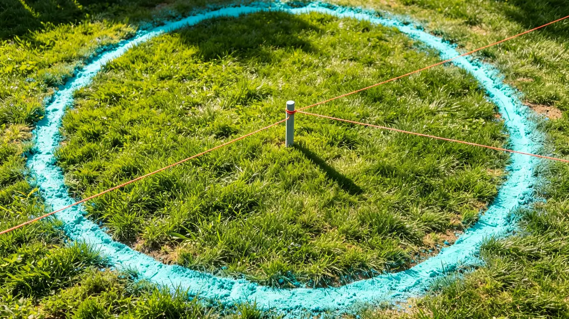 Marked above ground pool footprint on backyard lawn with center stake, string, and spray paint.