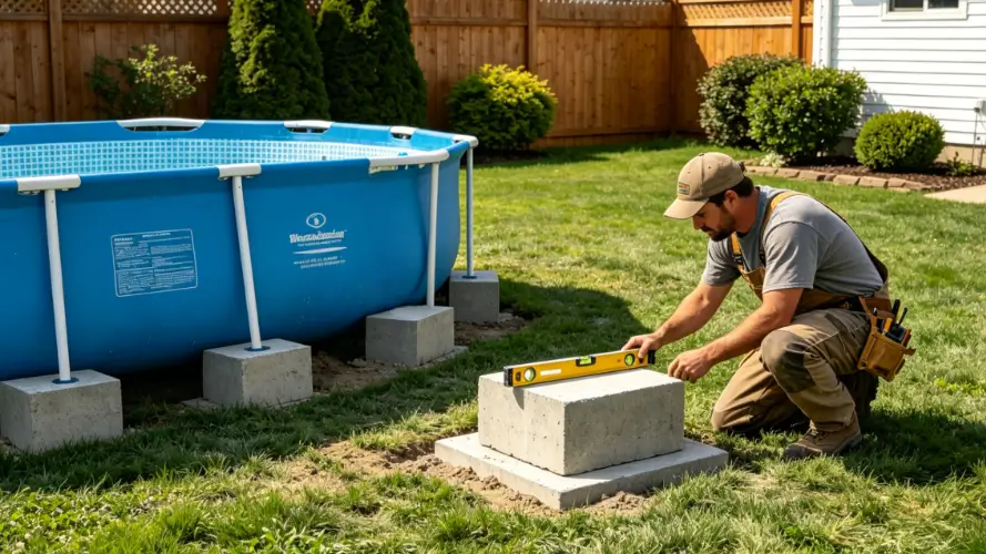 A homeowner uses a level to check a concrete paver base for an above ground pool leg, ensuring it is level with other supports on firm soil in a suburban backyard.