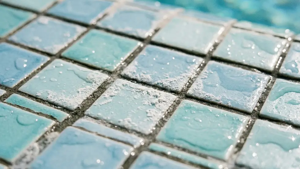 Pool tile with hard water scale buildup from well water.