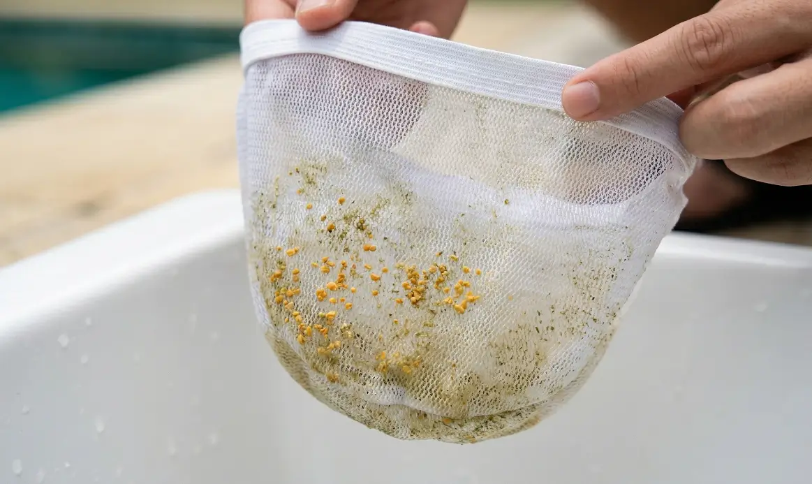 Skimmer sock trapping pollen and dead algae debris from pool water.