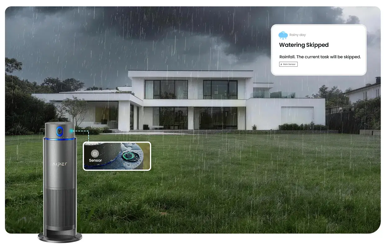 The Aiper IrriSense smart irrigation system automatically skips the watering task on a rainy day. Detected by the rain sensor, the system pauses the current watering cycle to prevent unnecessary water waste.