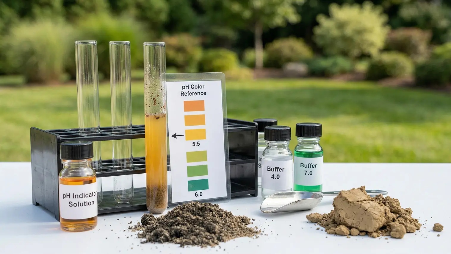 Professional soil pH test kit showing 5.5 reading with sand and clay soil samples for lawn care.