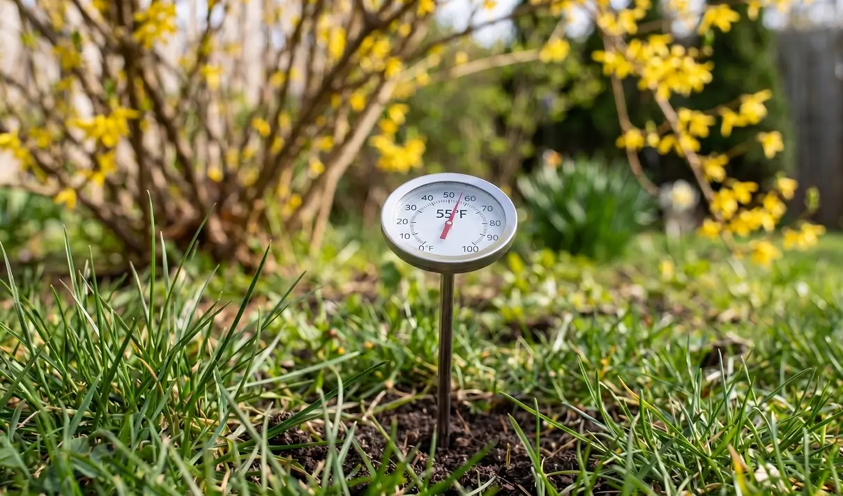 Soil thermometer on lawn showing 55°F with blooming forsythia bushes in backyard.