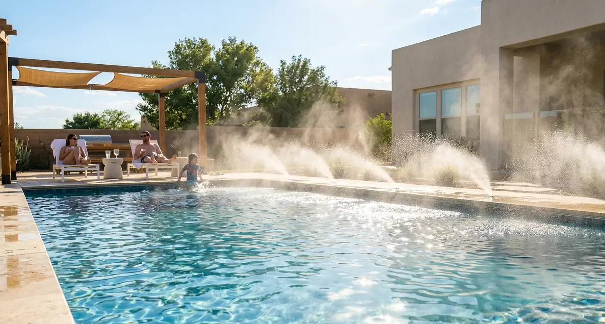 Pool aerator achieves cooling through evaporative heat dissipation in midsummer, with water mist creating a refreshing effect under the sunlight.