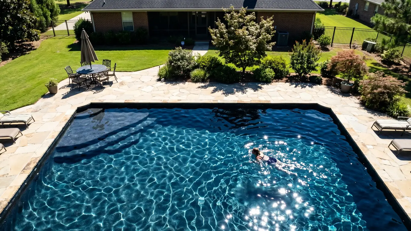 Top-down shot of dark-bottom pool in US backyard with unclear pool floor.