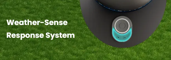 Weather Sense Response System on Aiper IrriSense 2 smart irrigation controller with green lawn background.