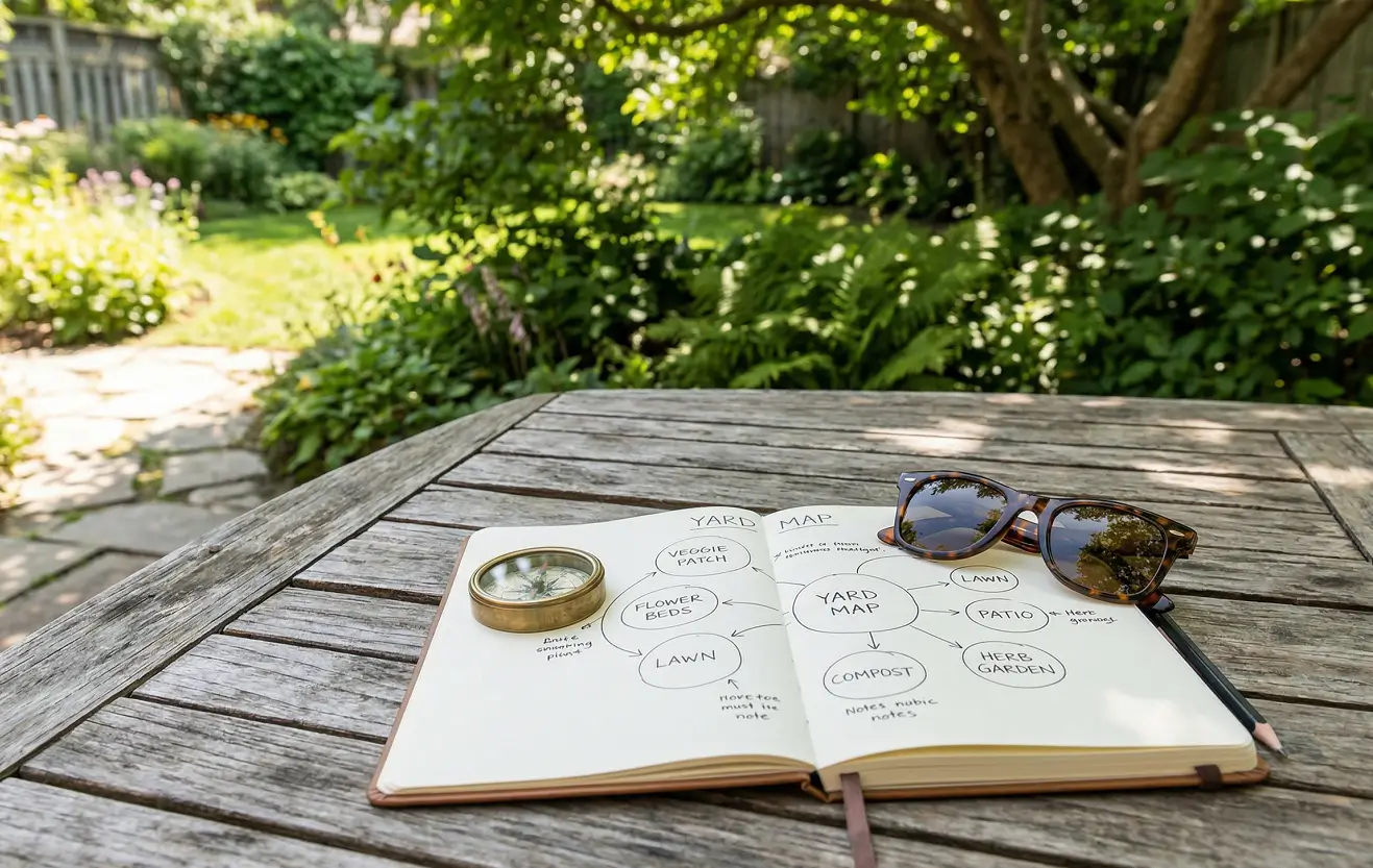 Open notebook with hand-drawn yard map sketch for hydrozoning planning on a wooden garden table.