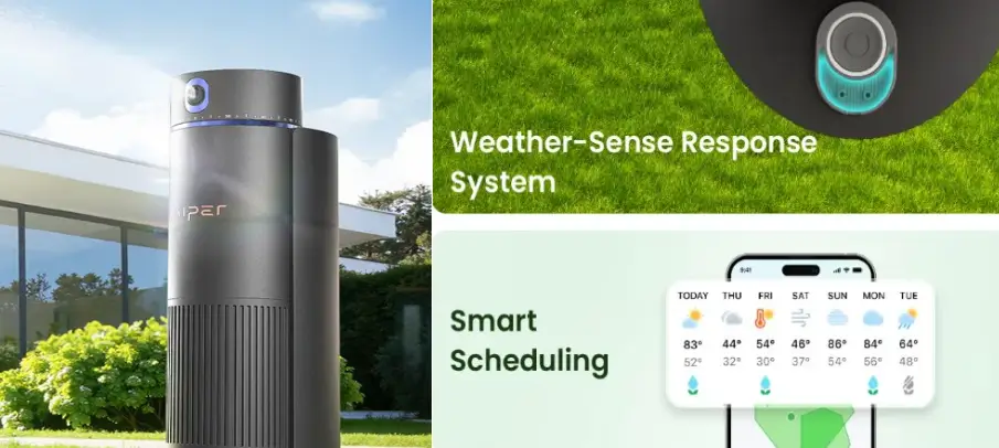 Aiper IrriSense smart irrigation system showing weather-sense and scheduling features for pre-frost lawn watering.