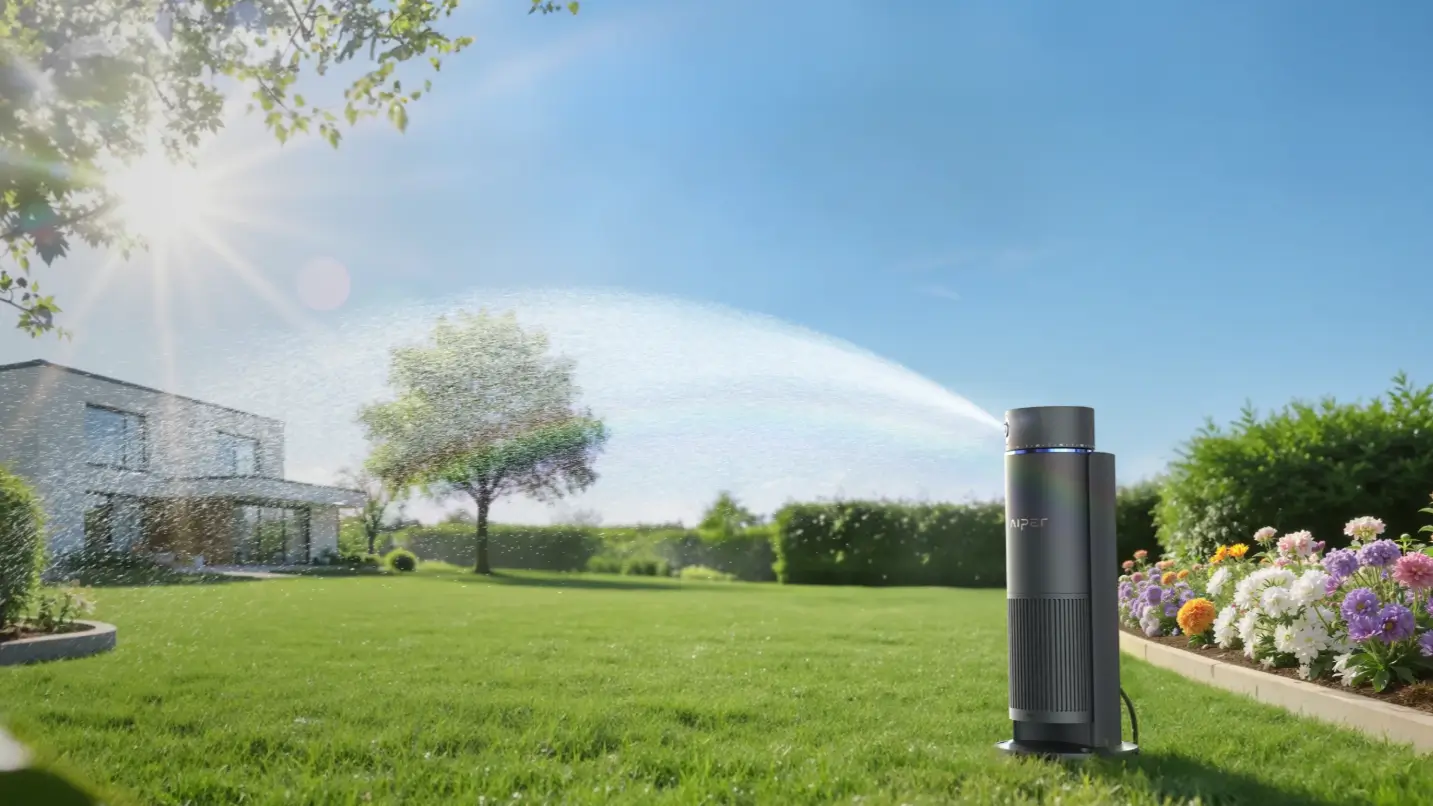 Aiper IrriSense 2 smart irrigation system automatically watering a lush, healthy lawn to maintain turf density and prevent bindi weed growth.