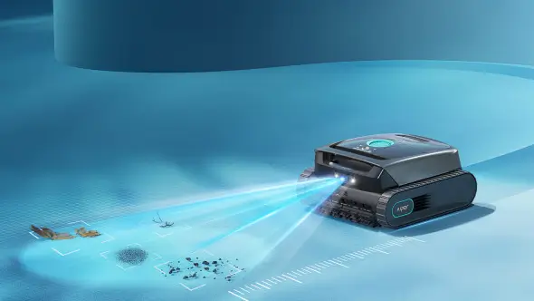 Aiper cordless robotic pool cleaner scanning and removing debris from pool floor to keep circulation paths clear for better cooling and filtration.