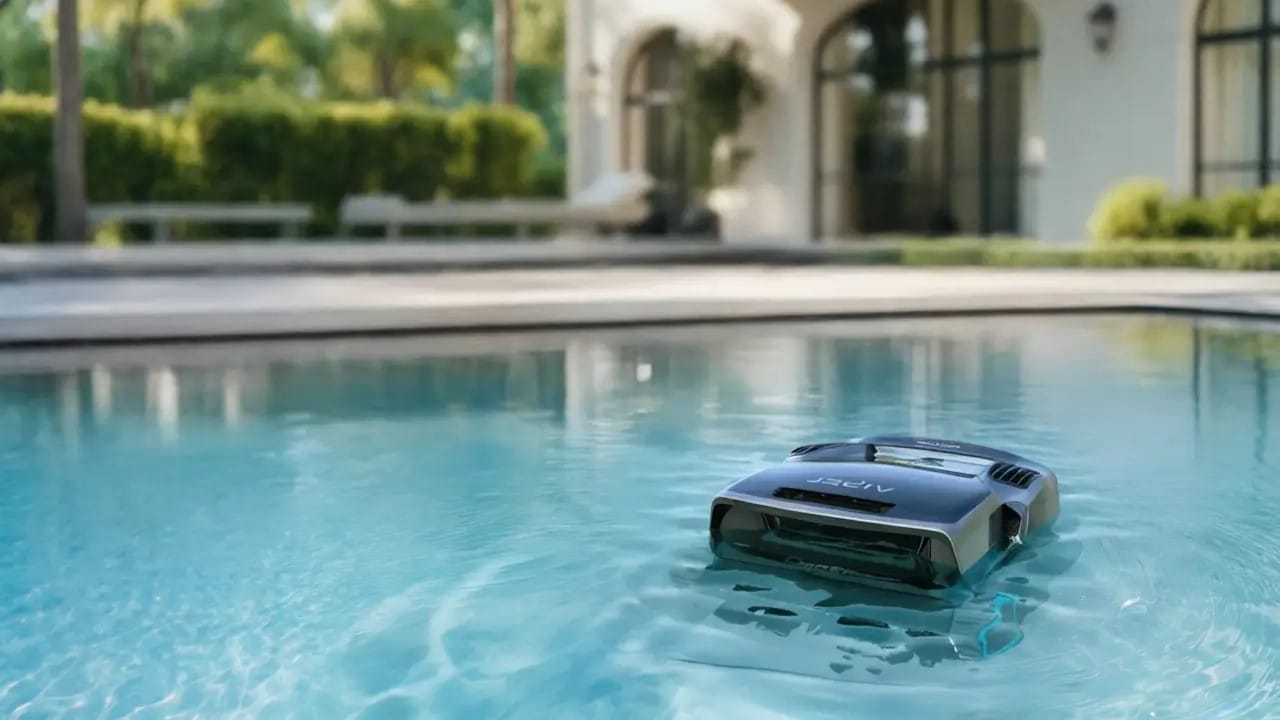 Aiper Scuba X1 Pro Max robotic pool cleaner floating in a clear residential swimming pool in a luxury backyard.