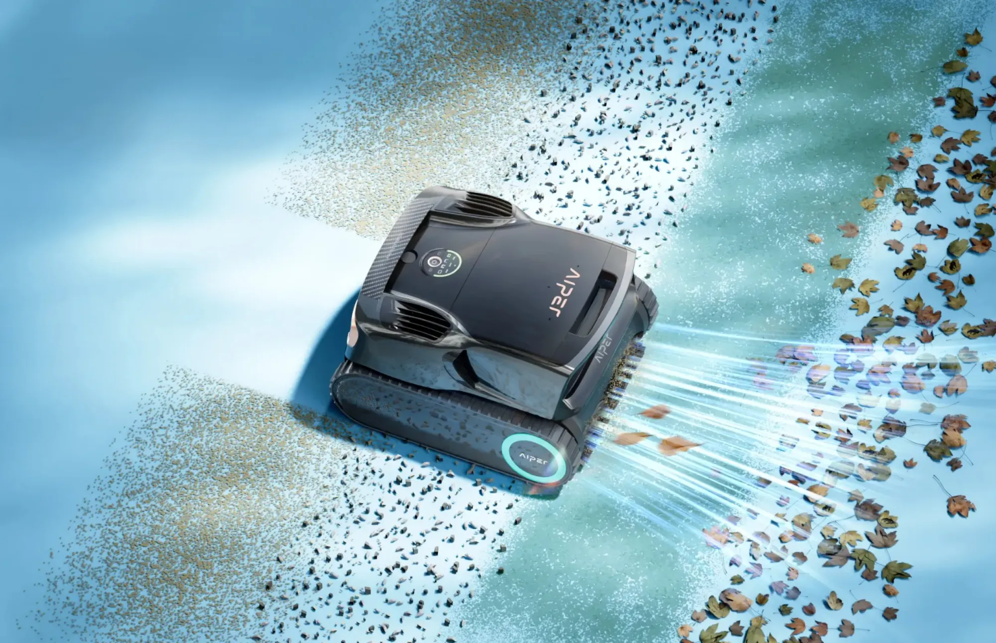 Aiper Scuba X1 Pro Max robotic pool cleaner removing heavy leaf debris and fine dirt from a pool floor, showing strong suction for leafy pools.