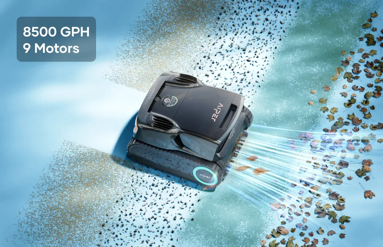Aiper Scuba X1 Pro Max robotic pool cleaner demonstrating 8500 GPH suction power removing leaves and fine debris from pool floor.