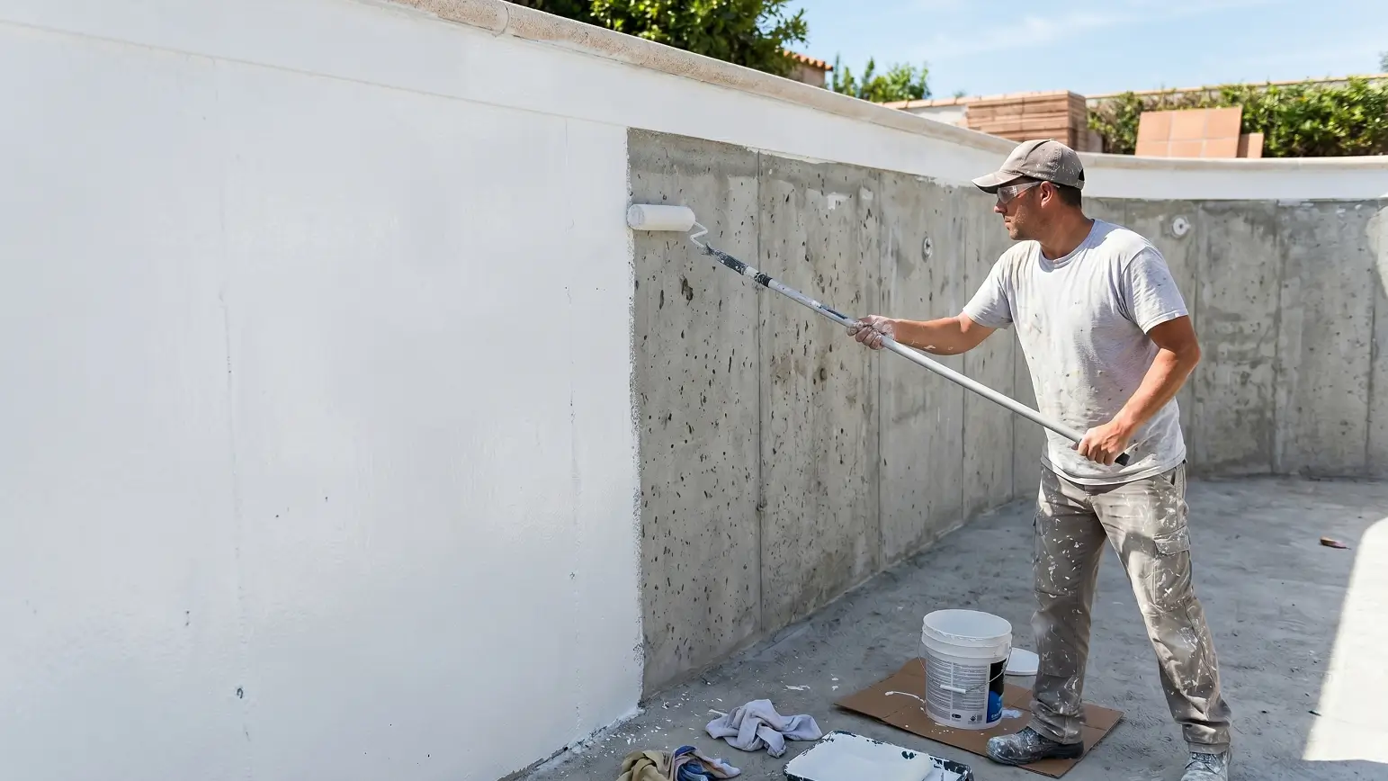 Worker applying first coat of white paint to concrete pool wall with roller showing even coverage.