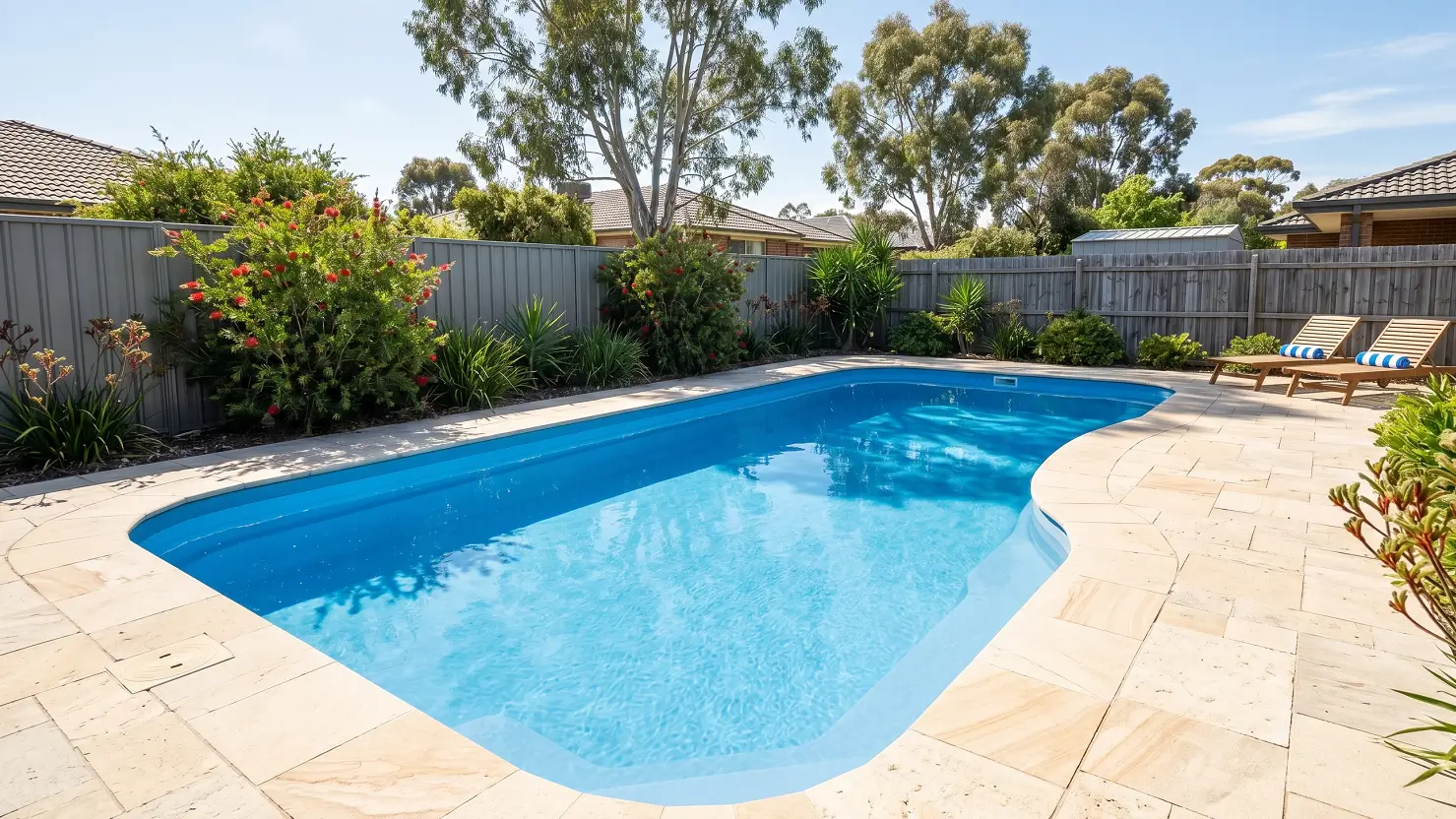 Clean, well-maintained fibreglass swimming pool in a sunny Australian backyard.