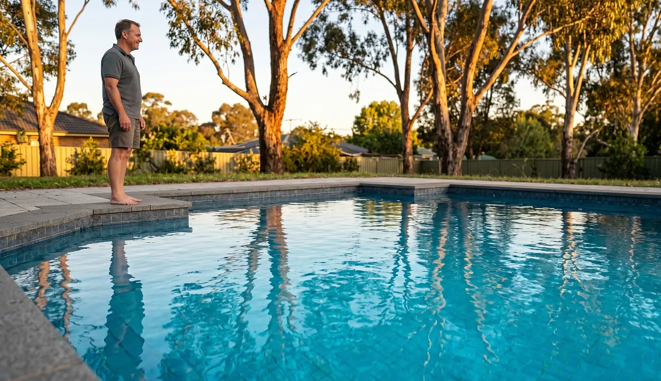 A homeowner admiring a clear, debris-free swimming pool under eucalyptus trees after using a high-capacity robotic pool cleaner to remove heavy leaves and gum nuts.