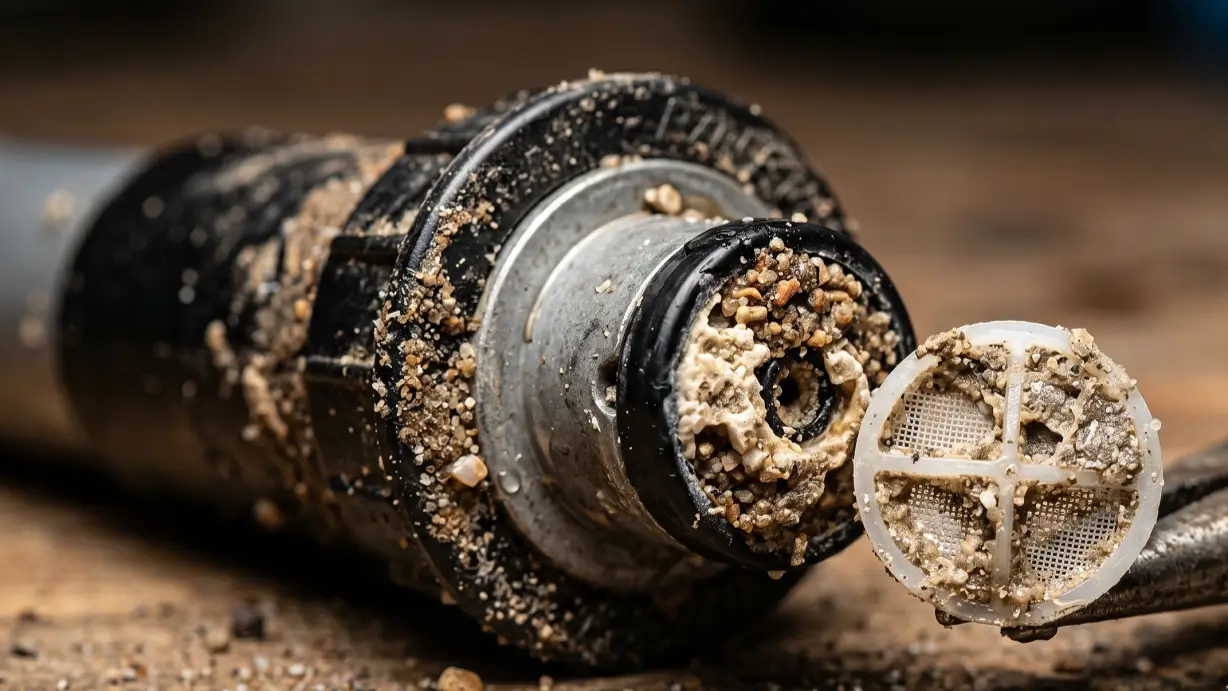 Clogged sprinkler head with dirt sand and calcium deposits blocking nozzle.