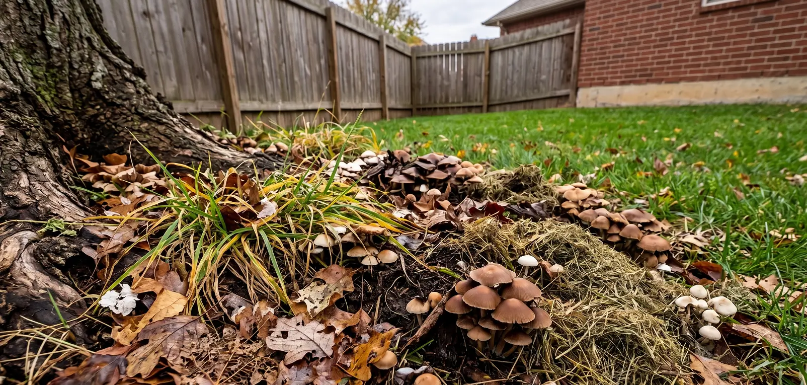 Dead roots fallen leaves and grass clippings feeding lawn mushroom growth.