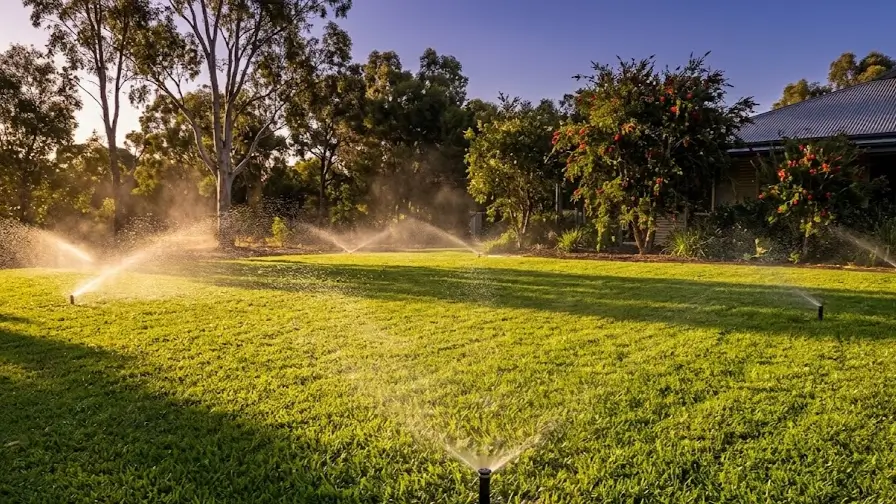 Healthy Australian lawn receiving deep irrigation before frost.