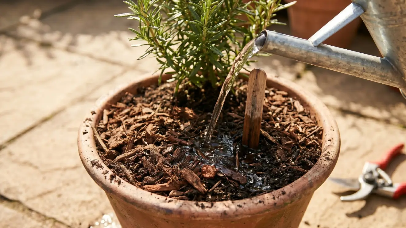 Water deeply saturating potted plant soil showing proper moisture penetration to root zone before away.