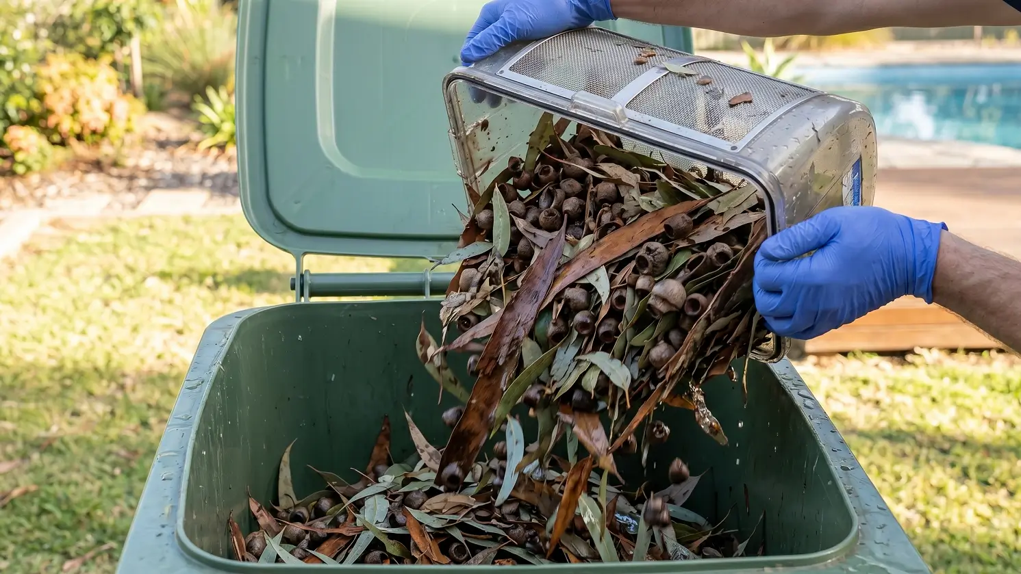Emptying a pool cleaner’s large debris basket full of wet eucalyptus leaves and gum nuts into a bin, showing high capacity for heavy leaf debris.