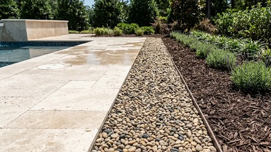 Decorative gravel strip as a barrier between the swimming pool deck and garden, designed to stop worms from entering the water.