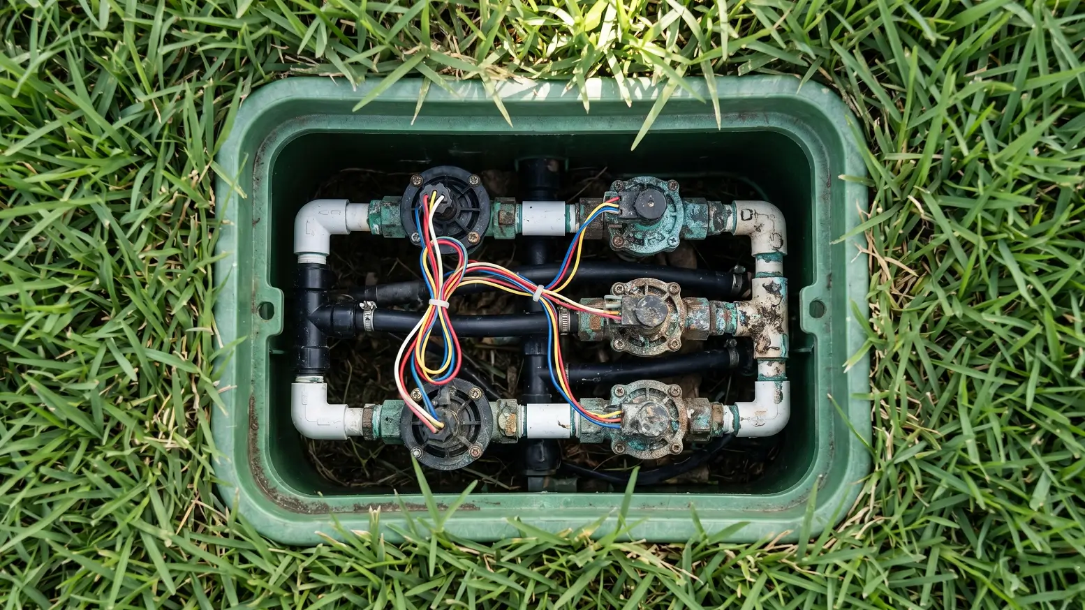Overhead view of an outdoor irrigation valve box with multiple solenoid valves, showing potential causes of low sprinkler water pressure.