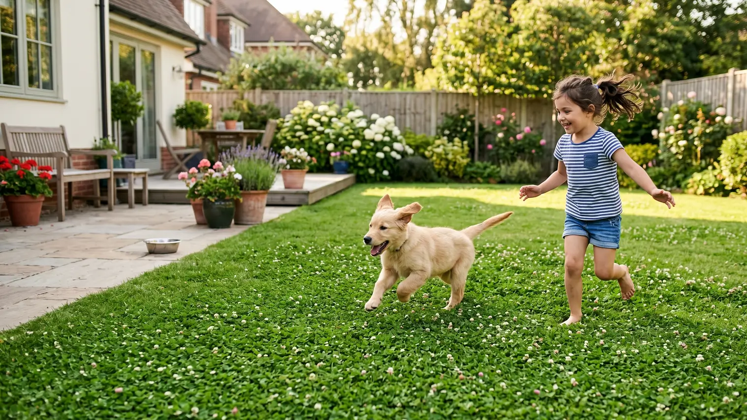 A child and a golden retriever puppy playing on a soft, lush clover lawn in a residential backyard.