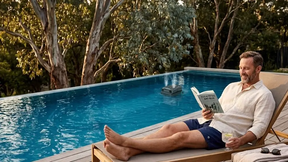 A homeowner relaxing while a robotic pool cleaner quietly cleans the leafy pool, showing the low-effort routine and convenience of using a robot for heavy leaf debris maintenance.