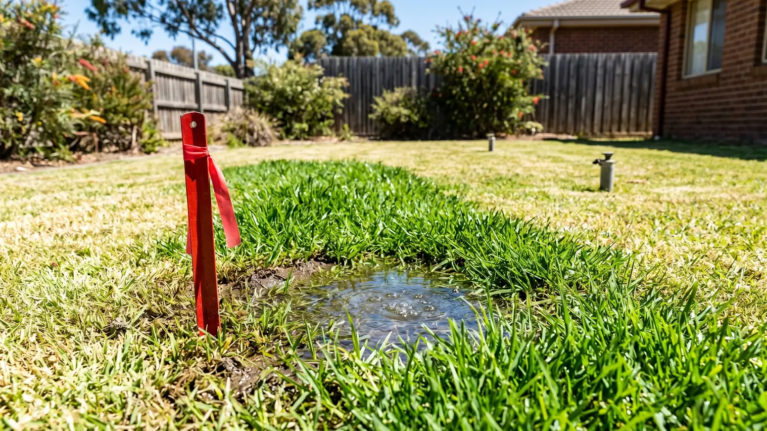 Marked underground irrigation leak on a lawn, showing bubbling water and lush grass patch after running the system.