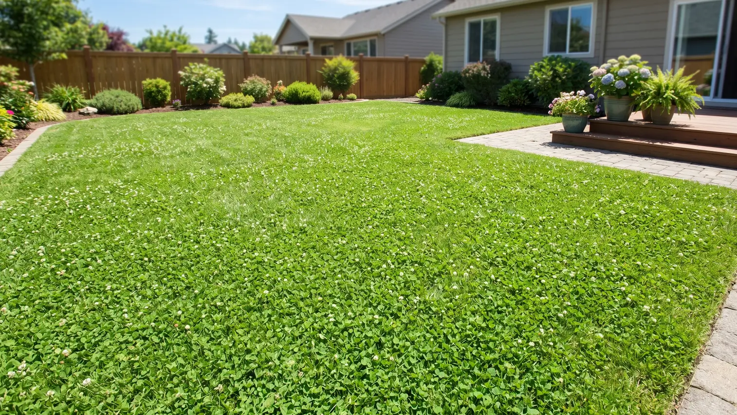 A healthy mixed lawn of clover and grass with tiny white clover flowers in a residential backyard, showing the natural blend of low-maintenance clover and durable turf.