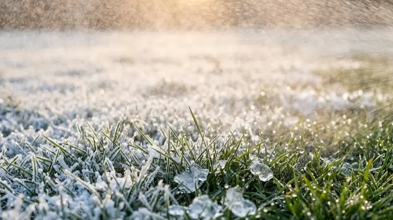 Morning frost melting on lawn with gentle water mist spray.