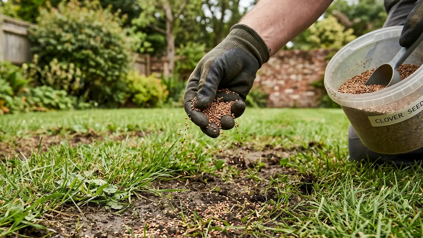 Person scattering clover seeds by hand into prepared soil on an existing grass lawn for overseeding.