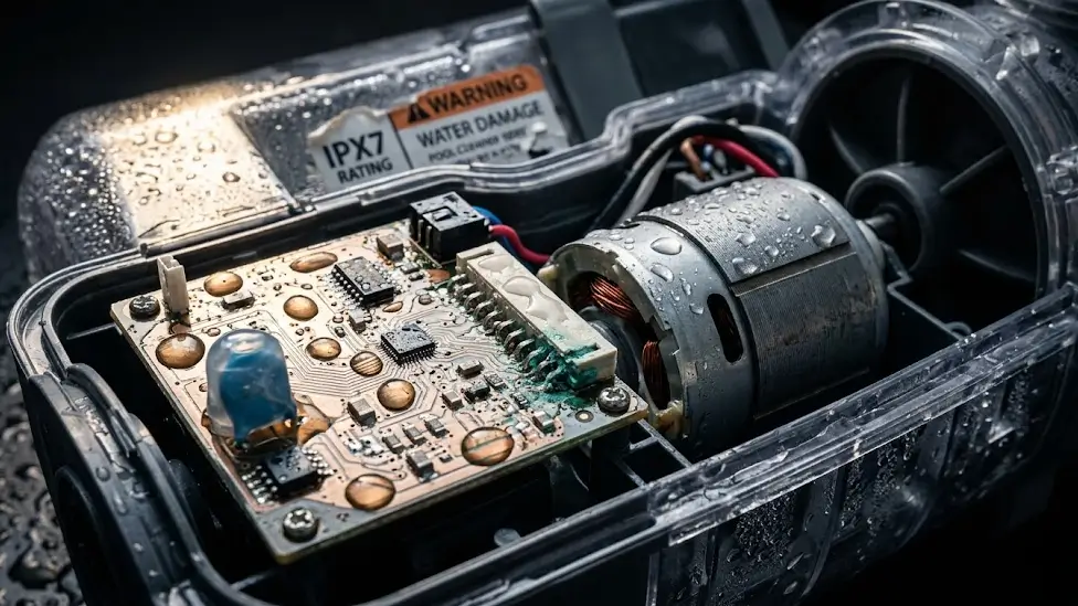 Water damage inside pool cleaner motor housing with moisture on electronics.