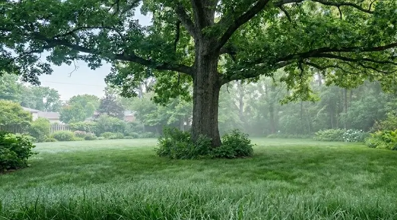 Healthy shaded lawn with moderate watering avoiding overwatering.
