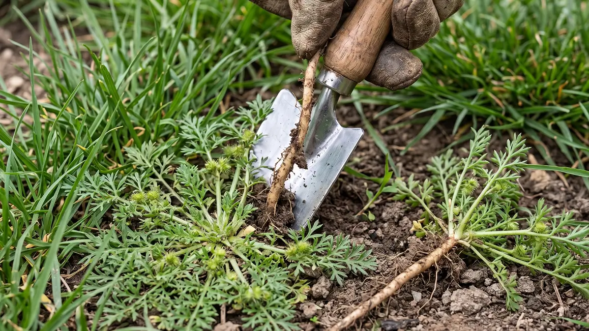 A hand using a small trowel to dig up and remove a bindi weed by its taproot from a lawn.