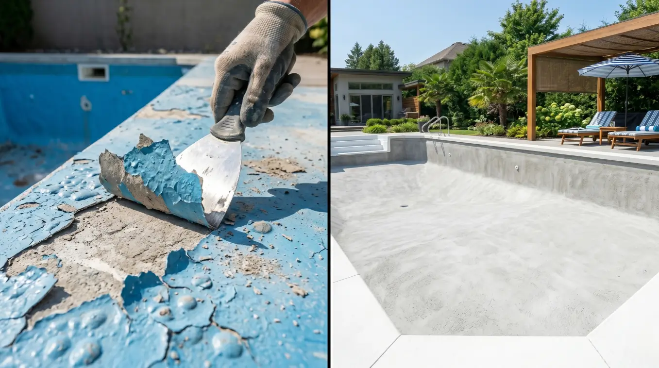 Before-and-after comparison: scraping peeling old paint from a concrete pool wall (left) and a clean, bare concrete pool ready for repainting (right).