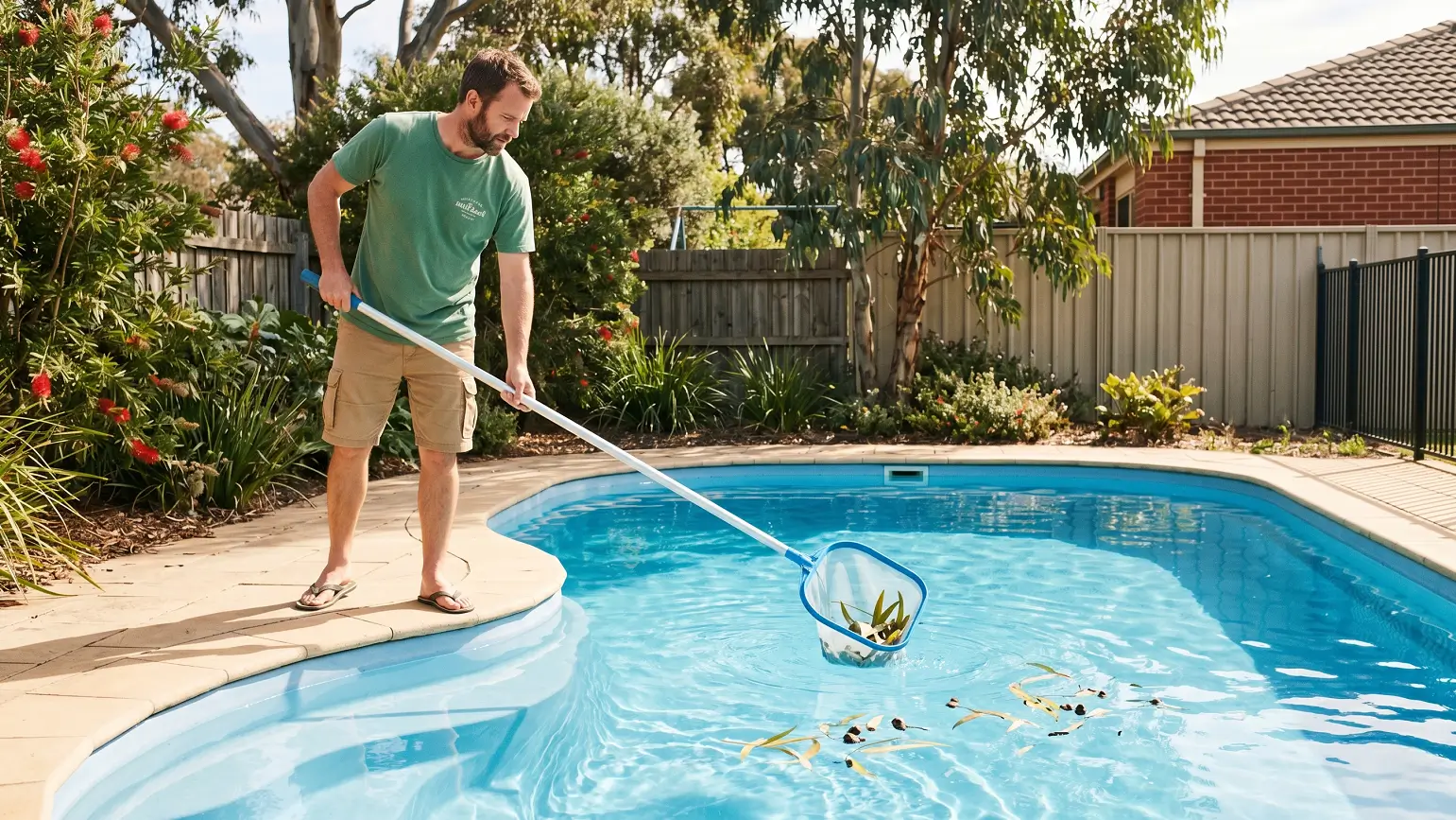 Homeowner skimming eucalyptus leaves from fibreglass pool surface.