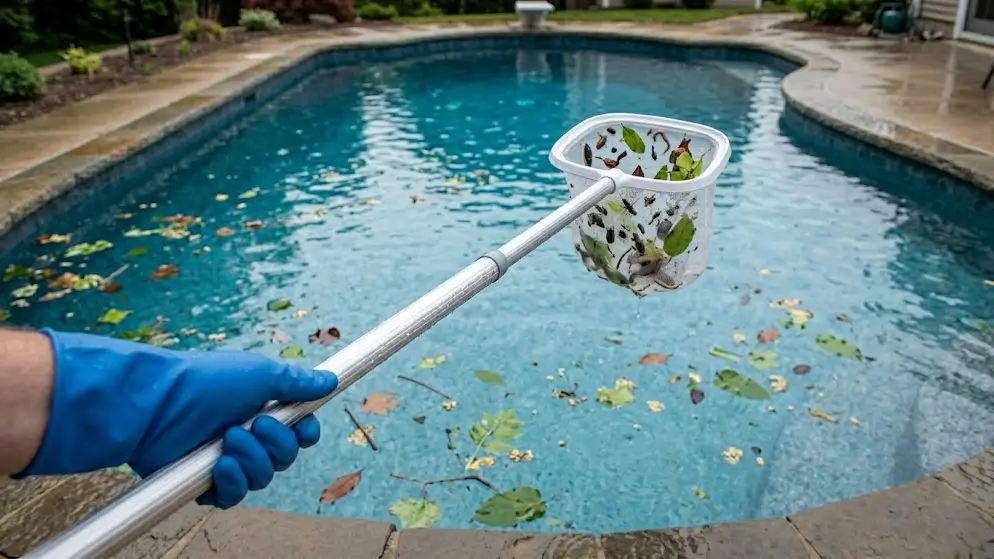 A person skimming worms, leaves and debris from a swimming pool surface using a fine mesh net.