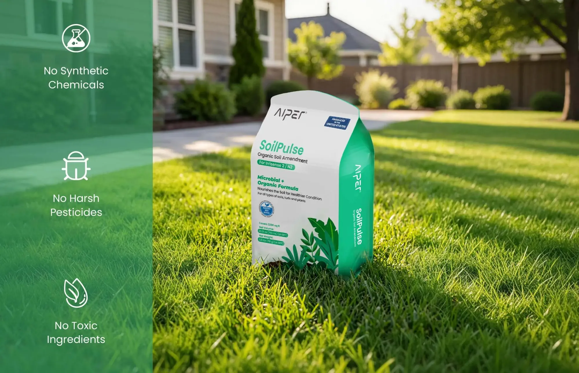 SoilPulse microbial organic soil amendment for building healthy lawn resilience and natural weed prevention.