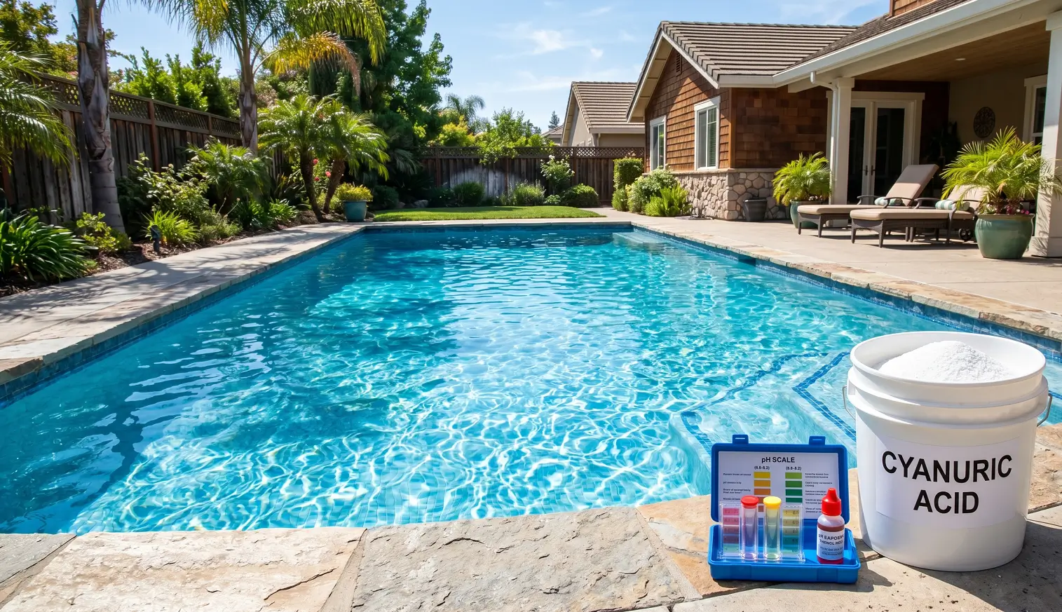 Cyanuric acid granular stabilizer and pool water test kit on the deck of a residential swimming pool.