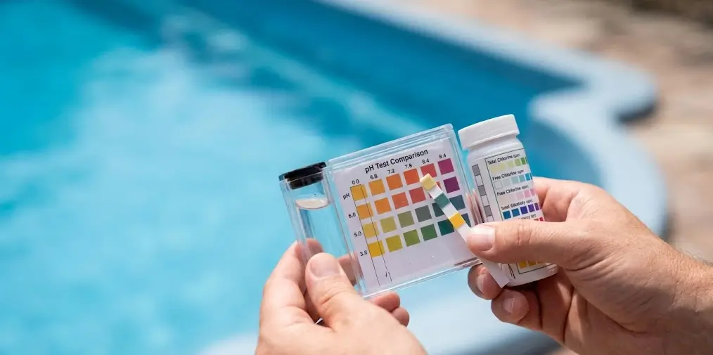 Testing pH and water chemistry levels for fibreglass pool maintenance.
