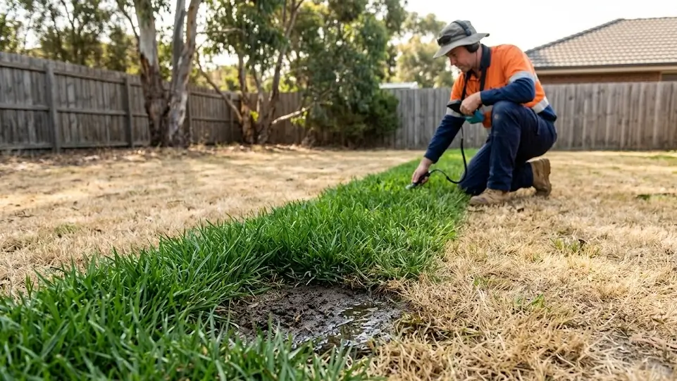 A technician using equipment to locate a hidden underground irrigation leak, next to an unusually lush, wet green grass patch.